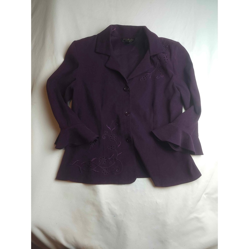 Studio I Womens Purple‎ Embroidered Blazer Jacket Bell Sleeve Small